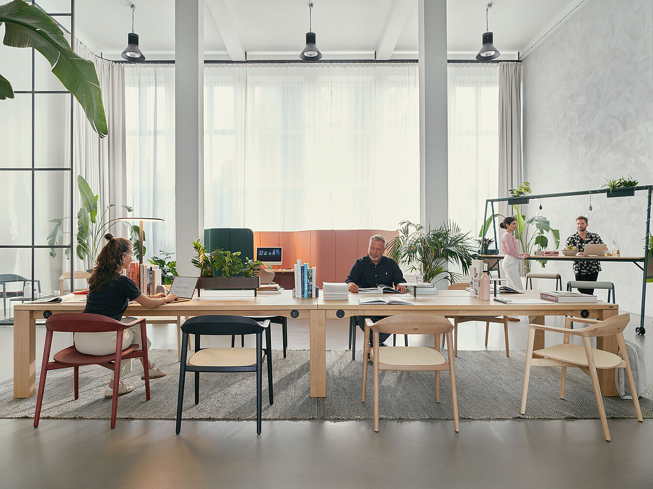 Moderno spazio ufficio con grande tavolo se:café per team, quattro persone al lavoro e piante sul tavolo e intorno ad esso