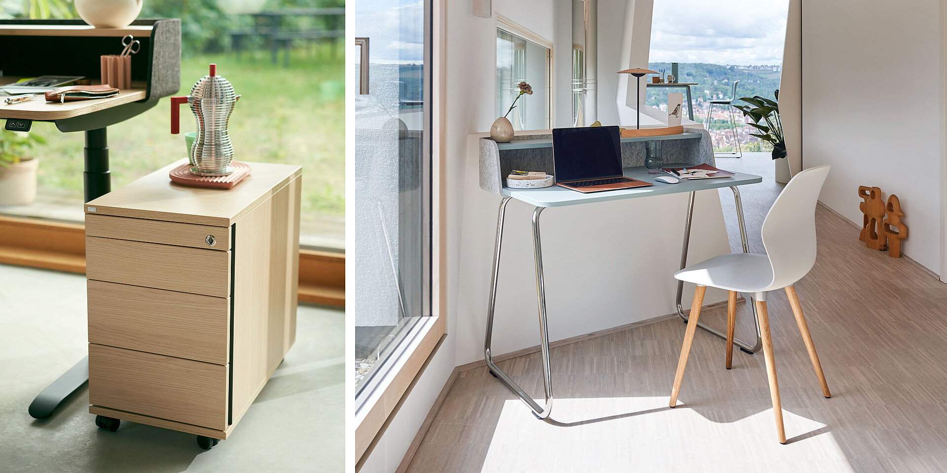 Modern home office workspace with white chair, sleek desk, and laptop in front of a large window with a city view.