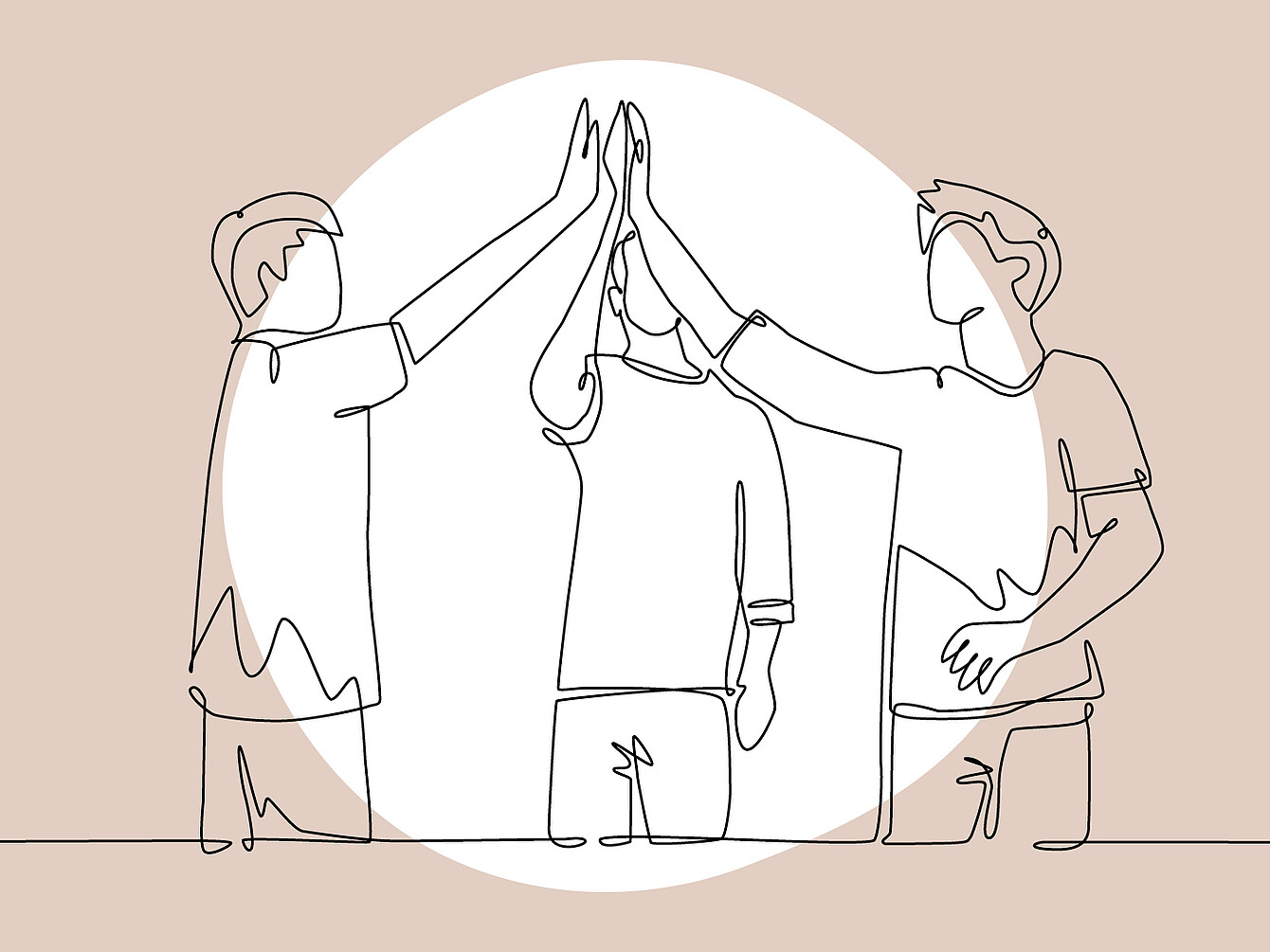 Doorlopende lijntekening van drie personen die staan en elkaar een groeps-high-five geven, met een cirkelvormige lichte achtergrond achter hen.