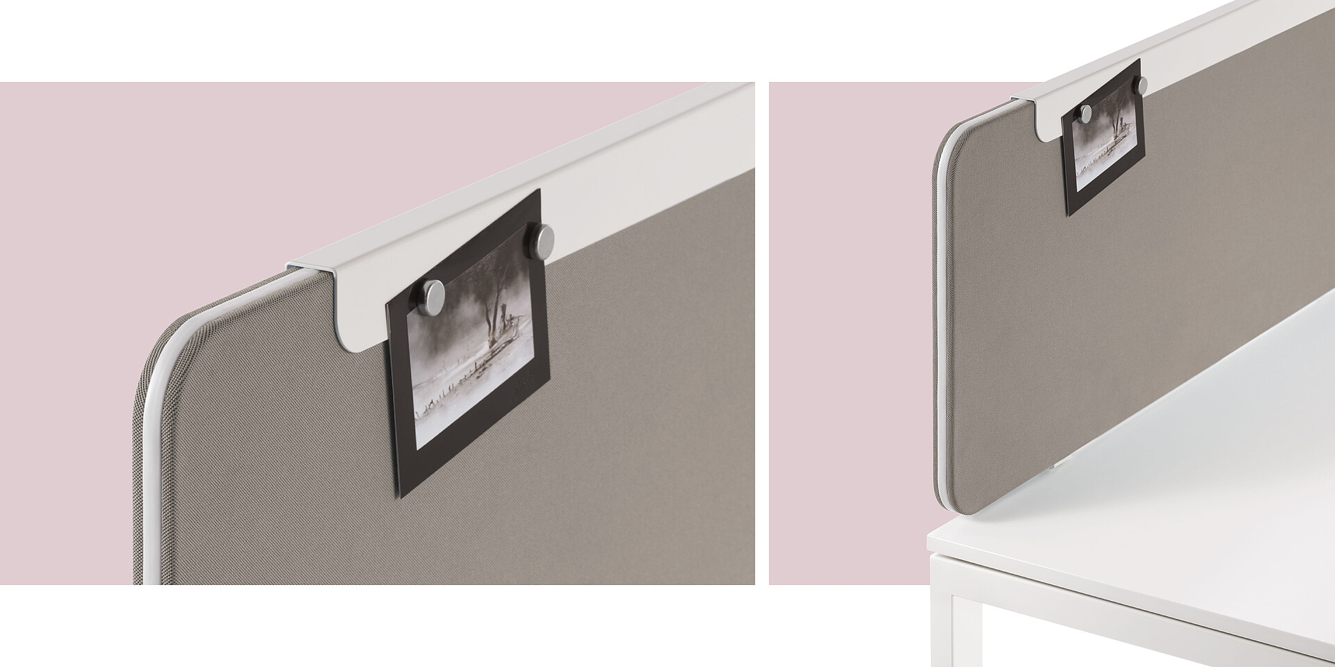 A magnetic strip that can be used on both sides of the screen is also available as an option. The magnetic strip, like the organisation rail, is placed on top of the screen element.