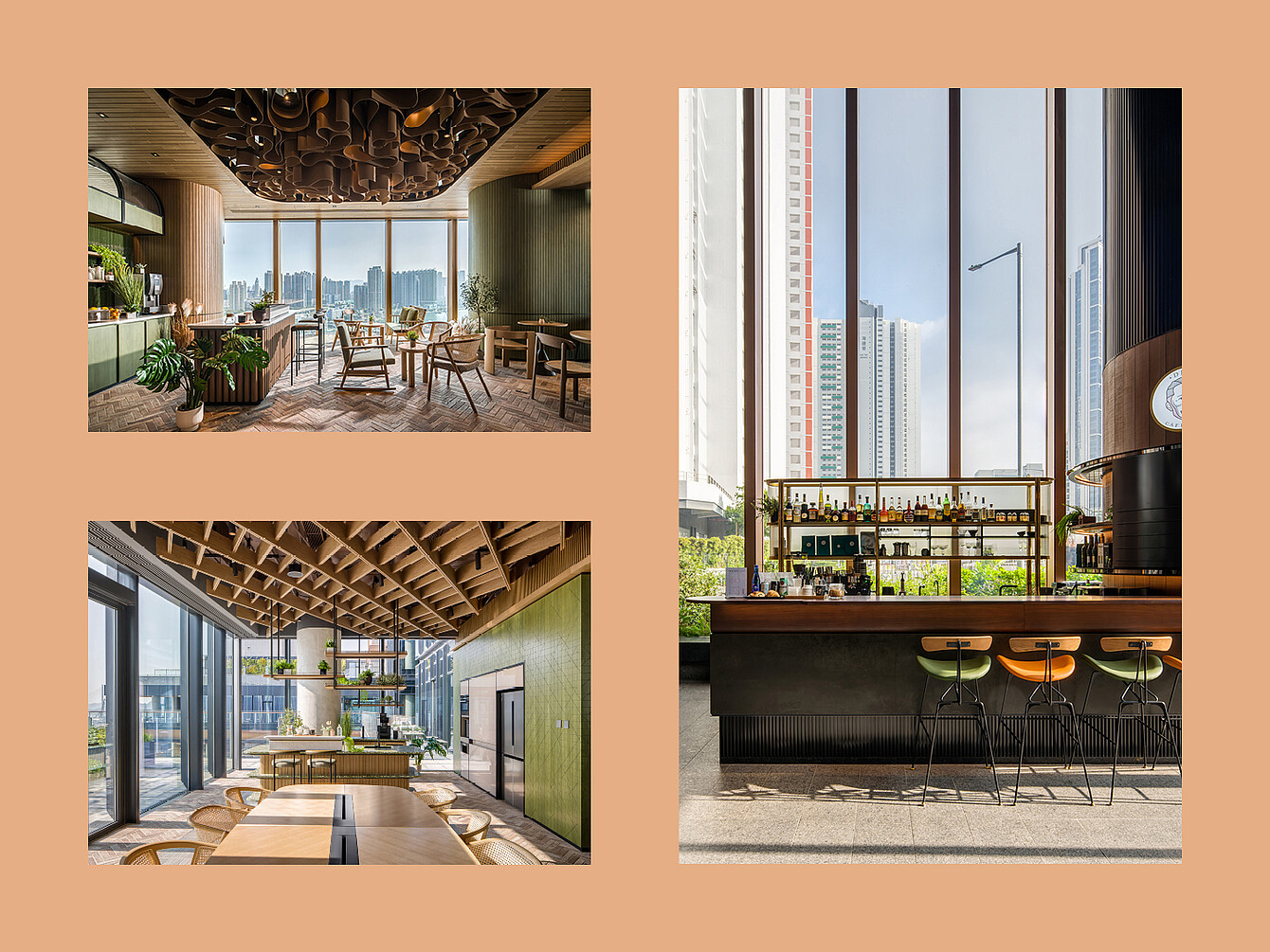 Tre vedute di un moderno spazio ricettivo che mostra un’area salotto con sedie e tavoli in legno sotto un soffitto decorativo, una zona pranzo con un lungo tavolo e sedie intrecciate sotto un soffitto con travi in legno e un bar con sgabelli alti davanti a grandi finestre che si affacciano sugli edifici della città