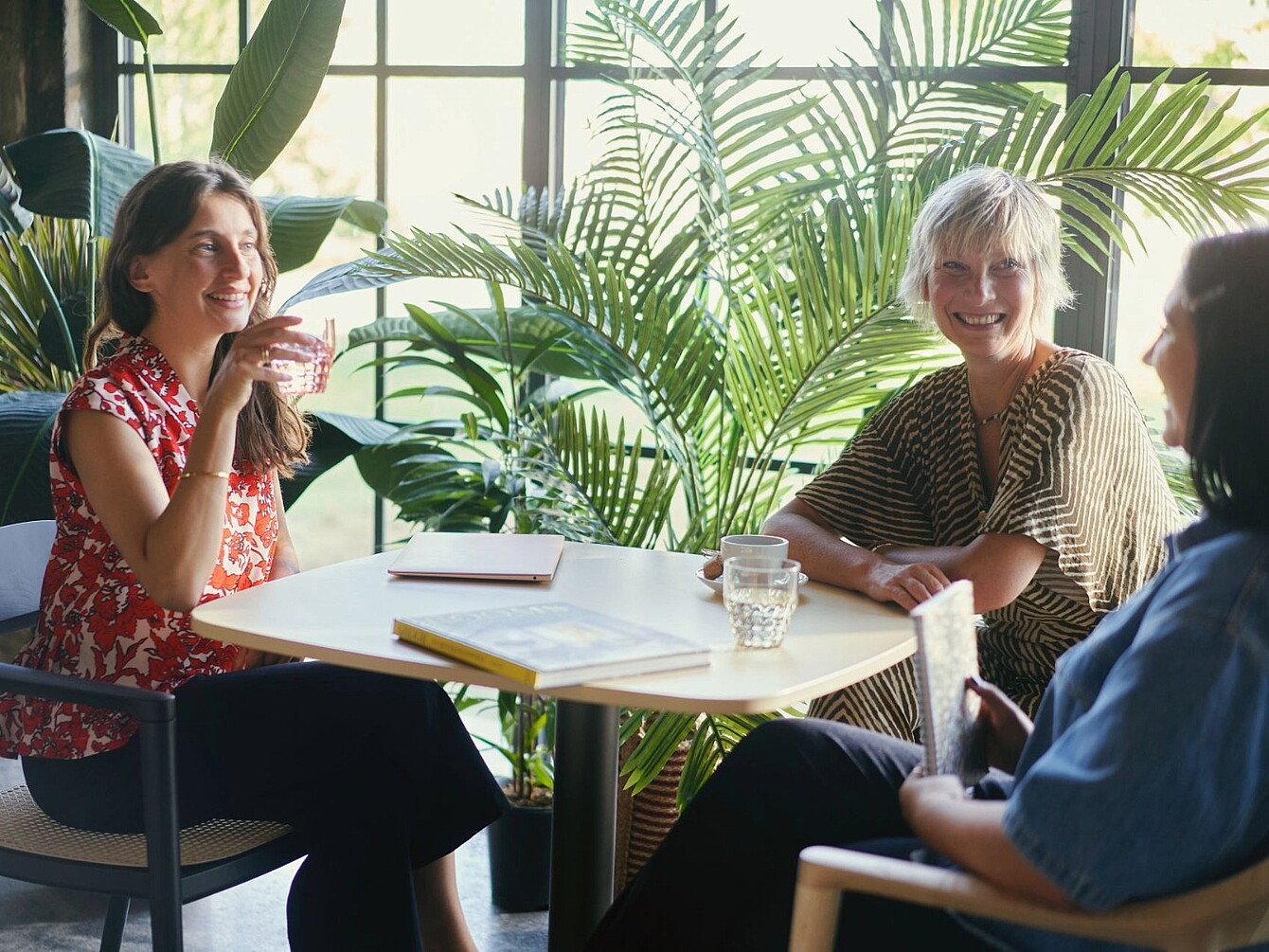 Three people sitting around a table in a bright office space with large plants in the background