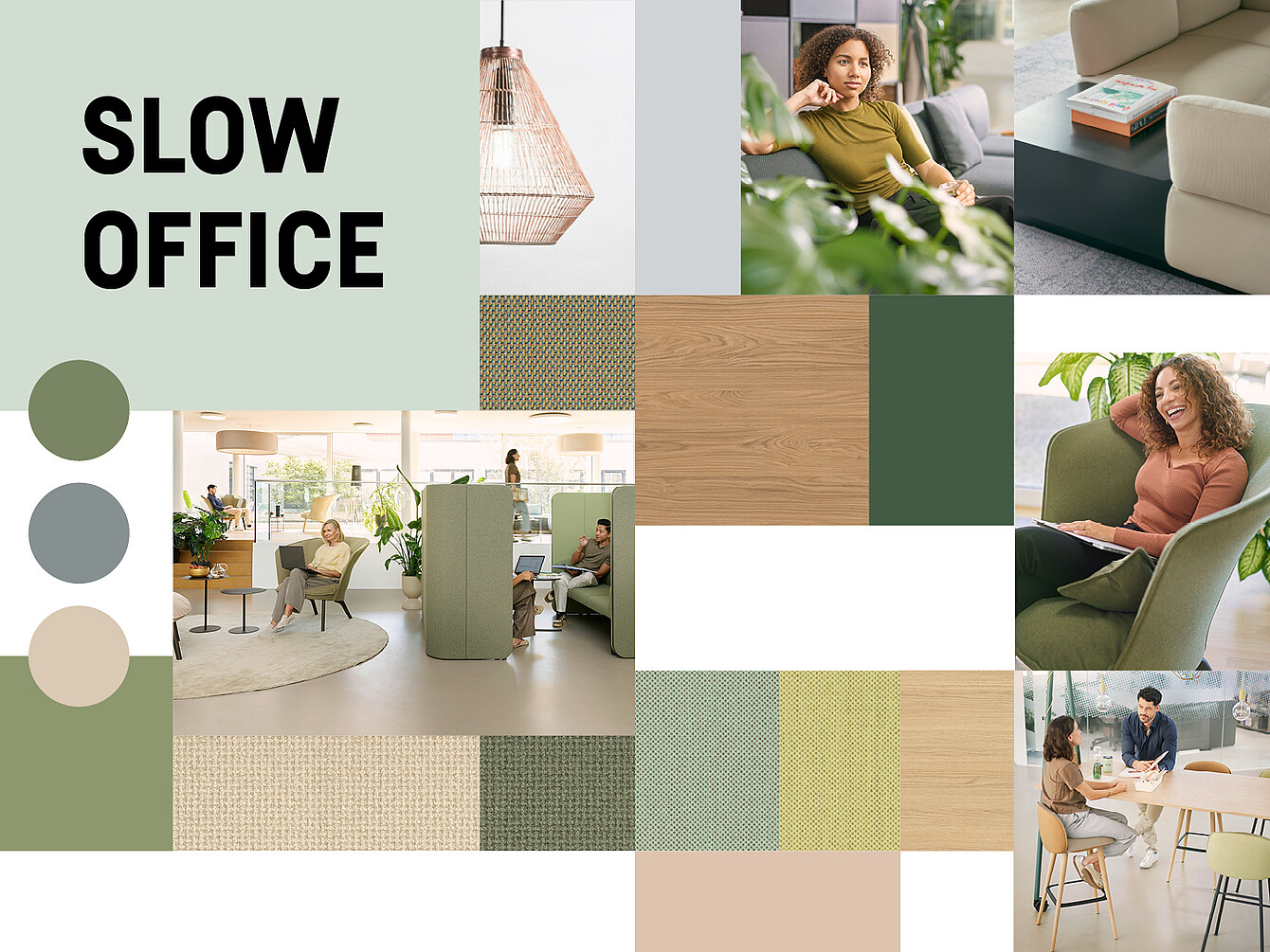 Collage showing a modern office environment with people sitting and talking, a woman on a phone, and a woman smiling on a sofa, accompanied by fabric and wood texture samples and the text 'SLOW OFFICE'