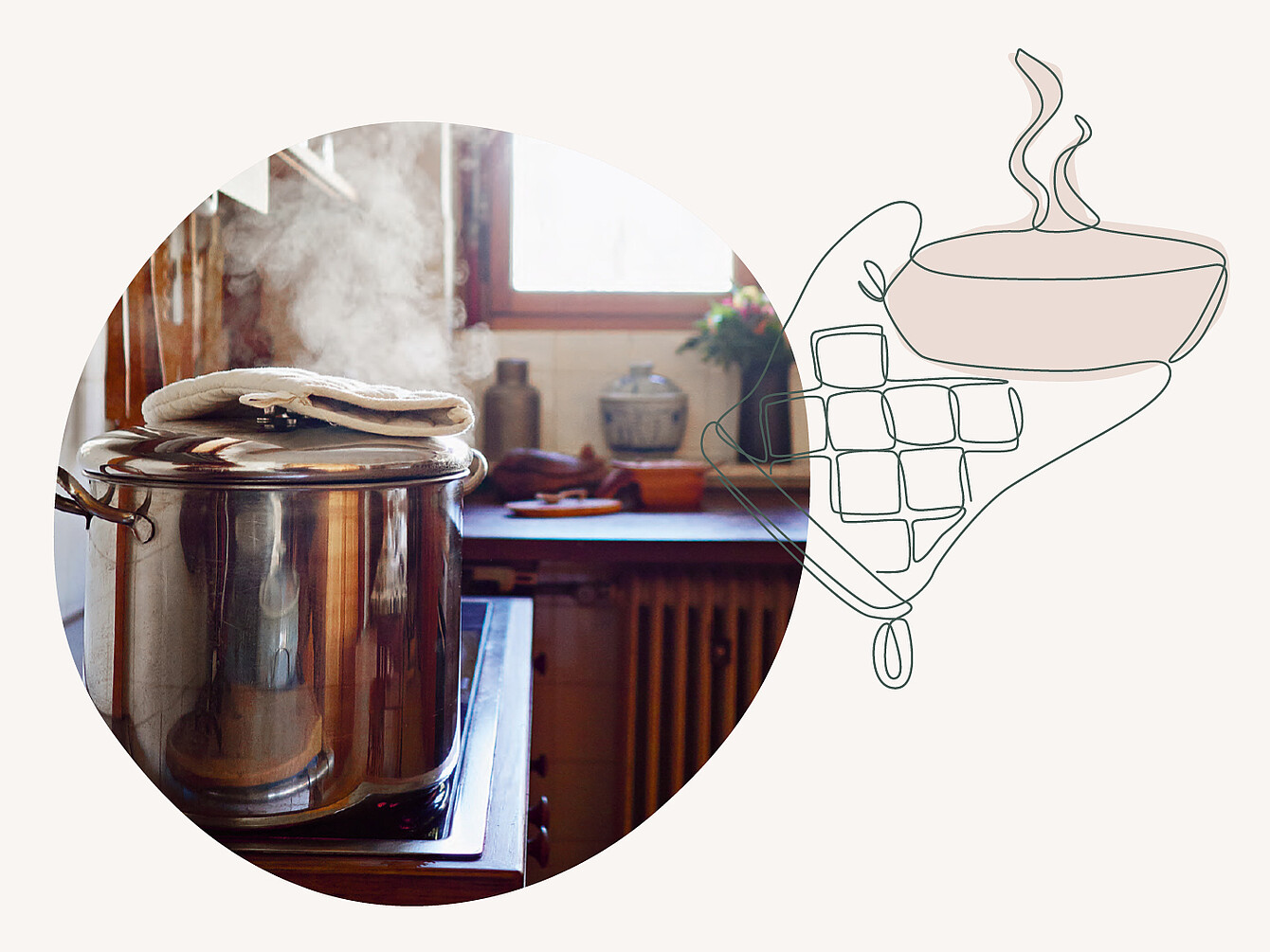 Steaming large metal pot on stove with folded cloth on lid in a kitchen with wooden window frame and radiator.