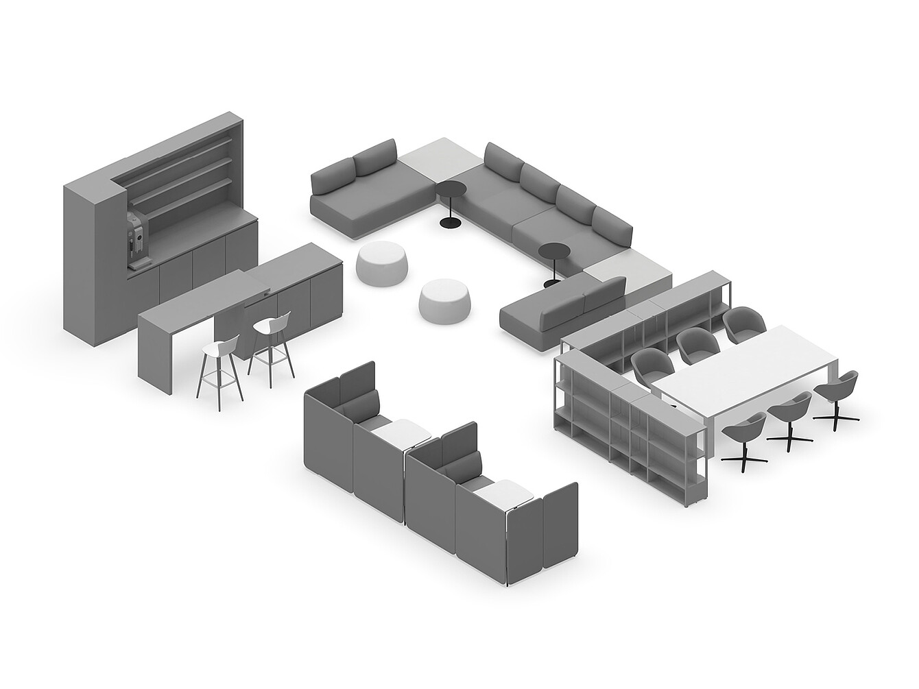3D-Modell eines Work Café Archetyp Club mit modularen Sofas, Tischen, Barbereich und Stühlen, gestaltet als stilvolle Business Lounge