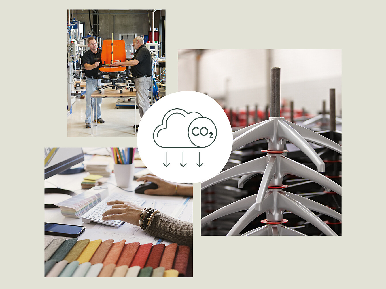 Collage showing Sedus Stoll AG employees assembling an orange office chair, a designer working with fabric samples and a computer, and stacked chair bases, illustrating commitment to Science Based Targets for climate action.