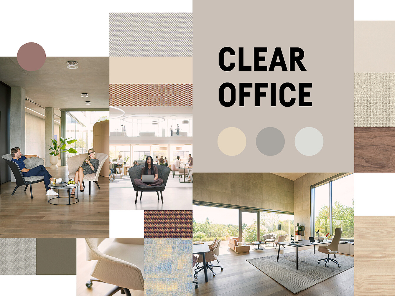 Collage showing modern office interiors with minimalist furniture and large windows, accompanied by fabric and material swatches and the text 'CLEAR OFFICE'