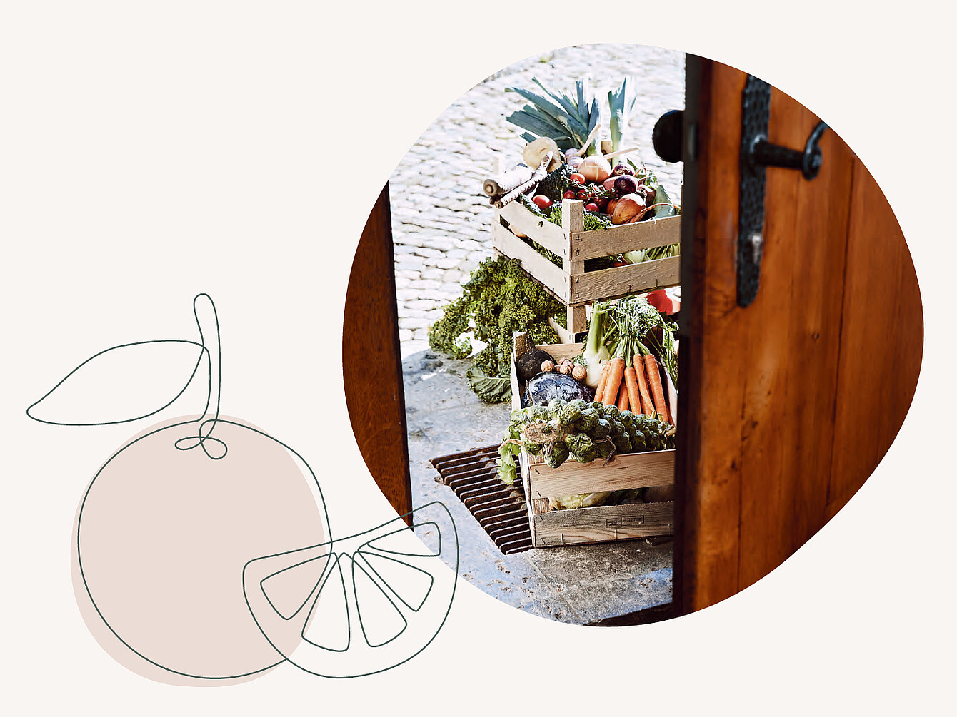 Wooden crates filled with carrots, Brussels sprouts, and other vegetables seen through a partially open wooden door.