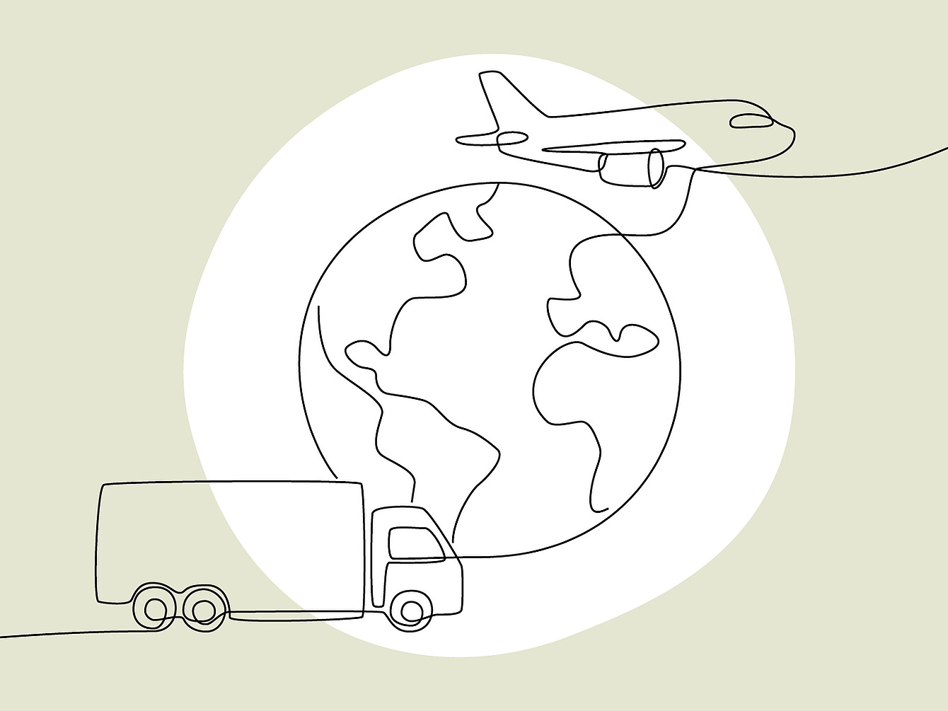 Disegno al tratto continuo di un globo con continenti semplificati, un camion in primo piano e un aereo sopra, che simboleggia la catena di fornitura e il trasporto globali.