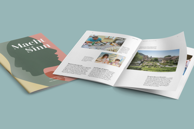 An open booklet with photos of people engaged in creative activities and a garden, with the title "Macht Sinn" on the cover.