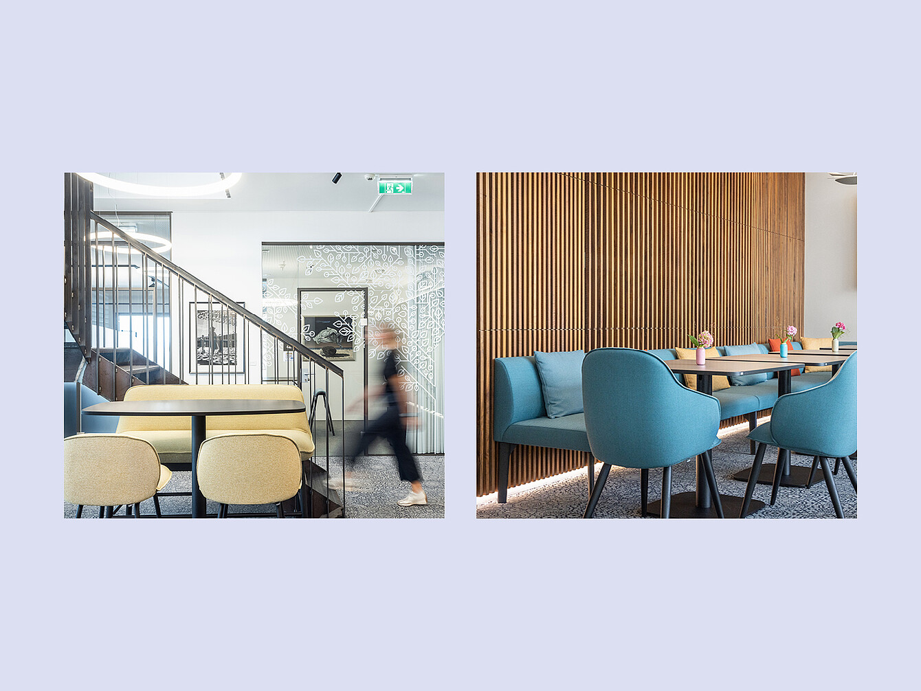 Due vedute dell’interno di uno spazio di coworking che mostrano un’area salotto con sedie beige e una scala a sinistra e una zona pranzo con poltrone blu e una parete a doghe di legno a destra