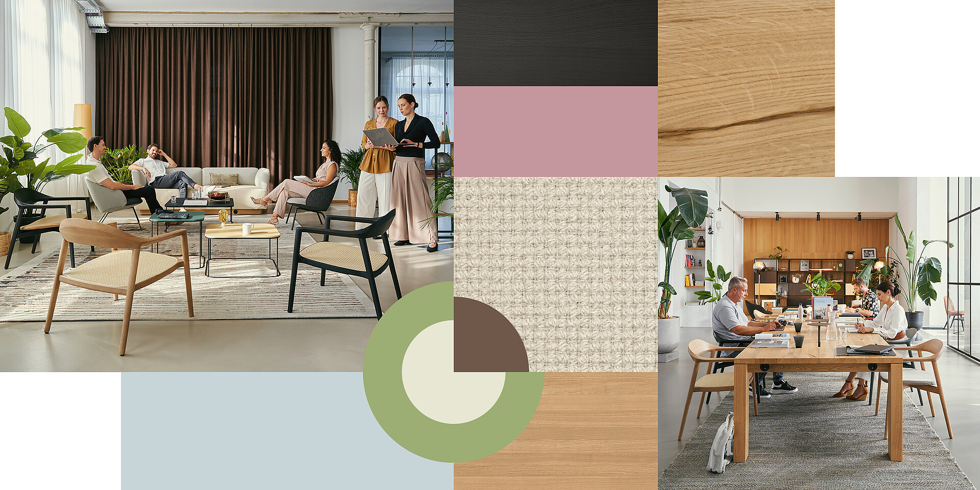 Modern office areas with wood and pastel colours, people working and chatting in a relaxed atmosphere. Left image: se:café team table, se:café wooden chair. Right image: in the background, a beige se:living sofa with se:café soft chairs and the se:living side table.
