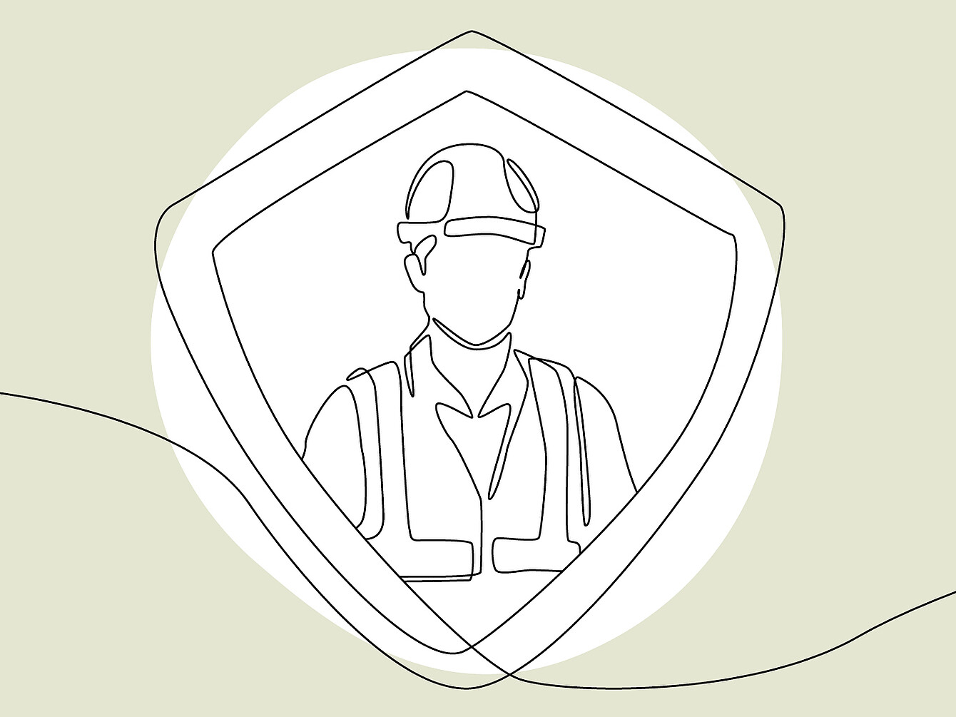 Disegno a linea singola di una persona che indossa un elmetto di sicurezza e un giubbotto all’interno di uno scudo, che simboleggia la protezione o la sicurezza.