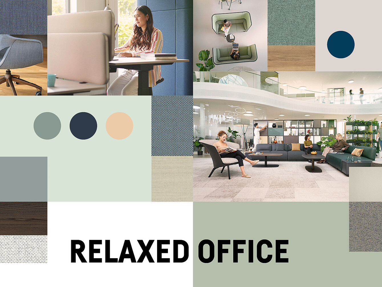 Collage showing a woman working at a desk, a top-down view of two people sitting on green sofas, and a lounge area with three people seated on modern furniture in a spacious office environment