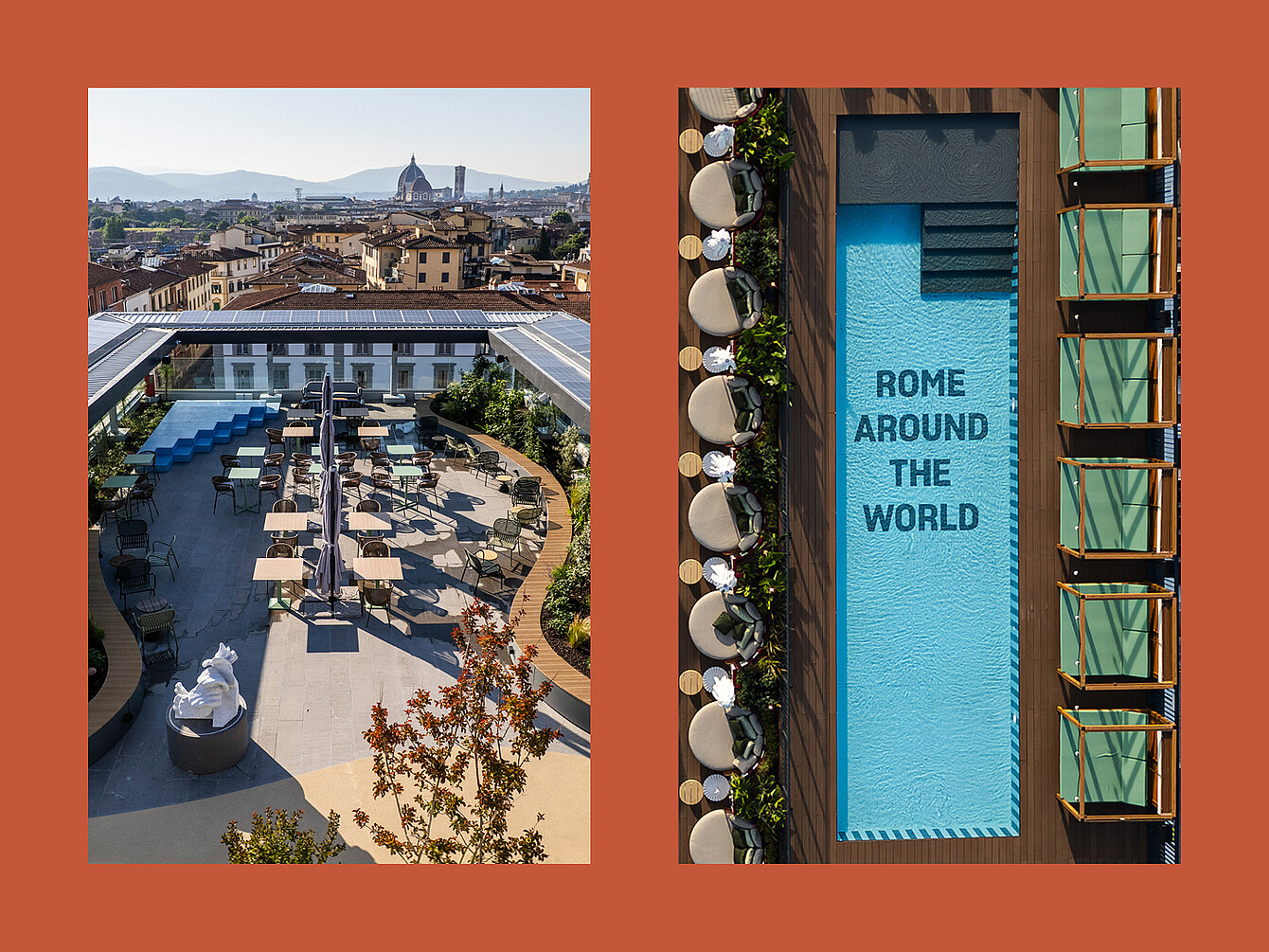 Il lato sinistro mostra una terrazza sul tetto con tavoli, sedie, ombrelloni e uno scorcio della città sullo sfondo, compresa una cupola; il lato destro mostra una piscina rettangolare con la scritta "ROME AROUND THE WORLD" sul fondo e sedie a sdraio lungo un lato.