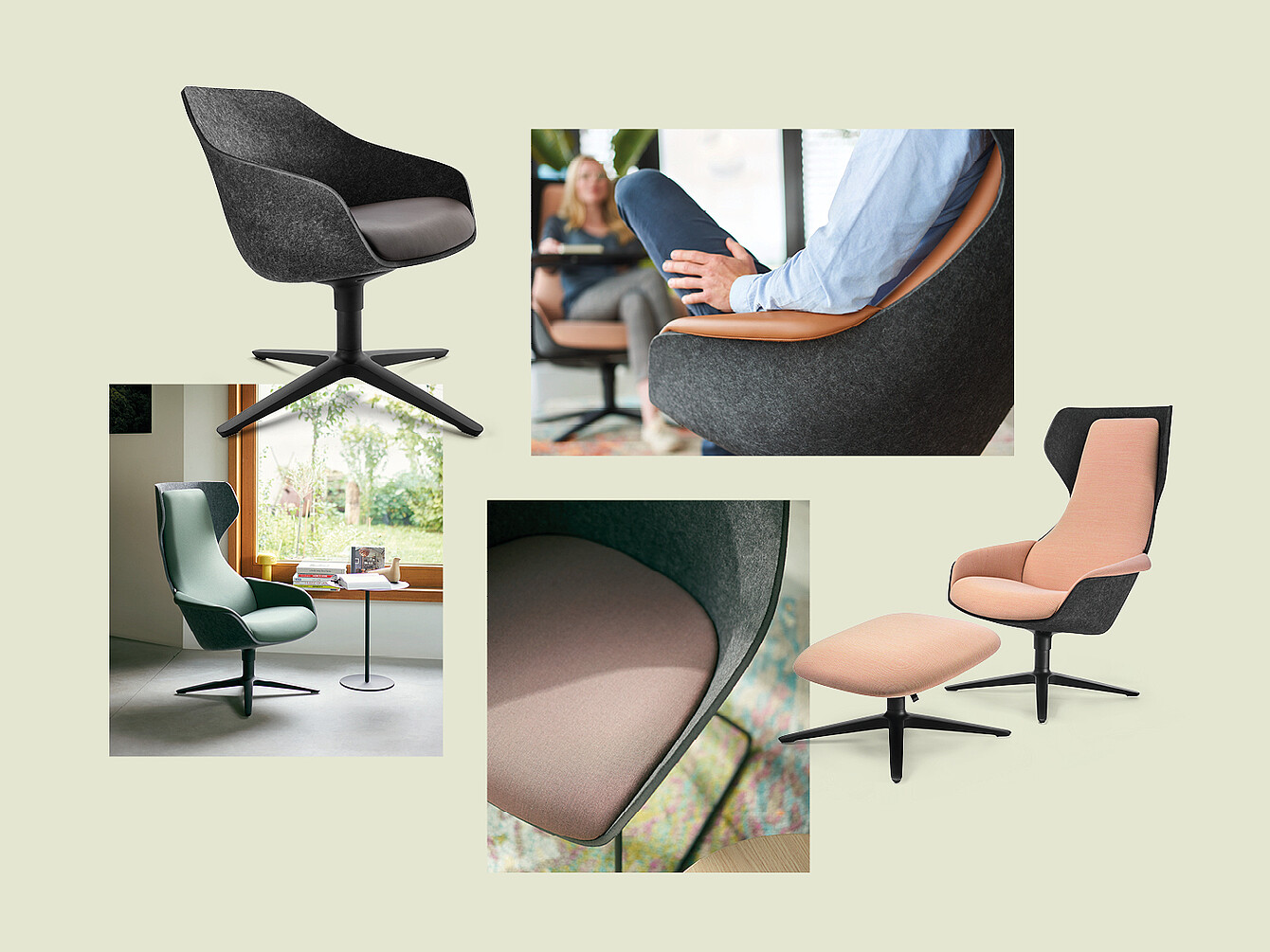 La imagen muestra los sillones se:lounge y se:lounge light como producto y en detalle, fabricados en fieltro PET con diferentes colores y formas de tapizado, algunos con reposapiés, en entornos domésticos y en primer plano.