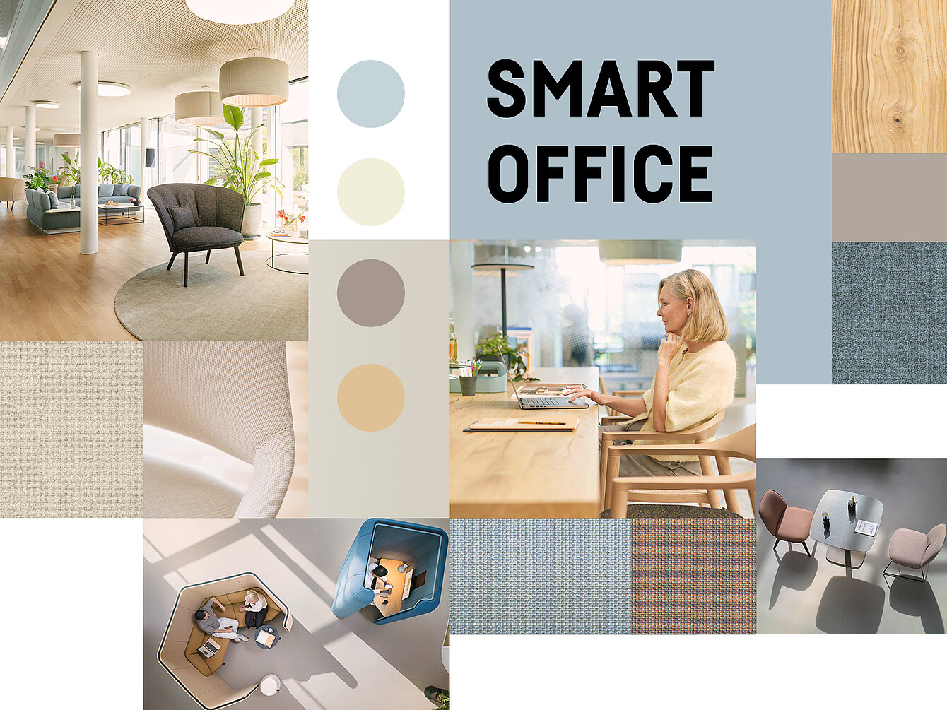 Collage showing a modern office interior with seating areas, a woman working at a desk, fabric and wood textures, and the text 'SMART OFFICE'