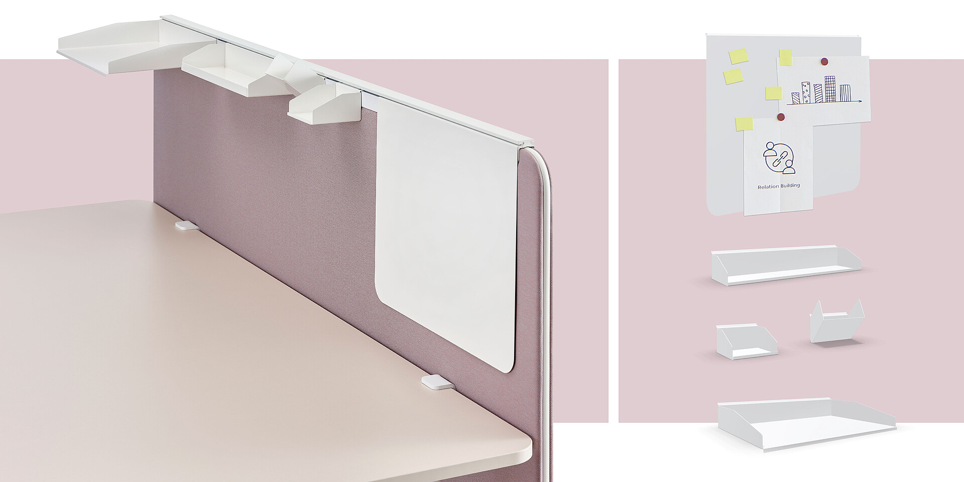 Optionally, the easy screen silent can be fitted with an organiser rail at the top. It has a functions groove on both sides, which is used to hold individual accessories.