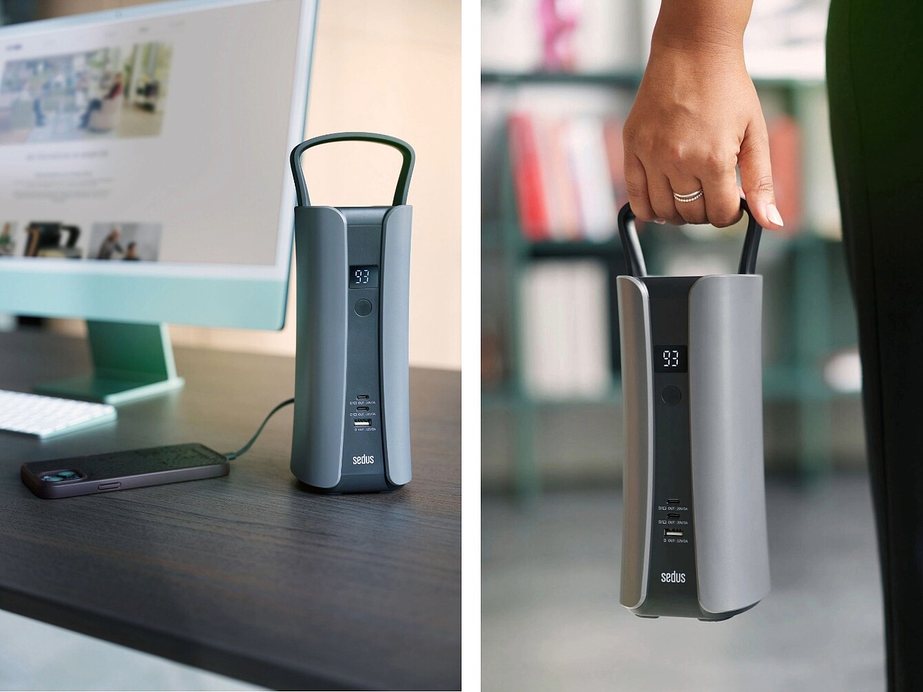 Batterie portable équipée d’une poignée et d’un écran numérique affichant « 93 », posée sur un bureau à côté d’un ordinateur, et une main tenant la batterie par sa poignée